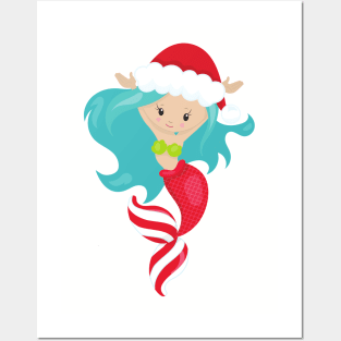 Christmas Mermaid, Santa Hat, Xmas, New Year Posters and Art